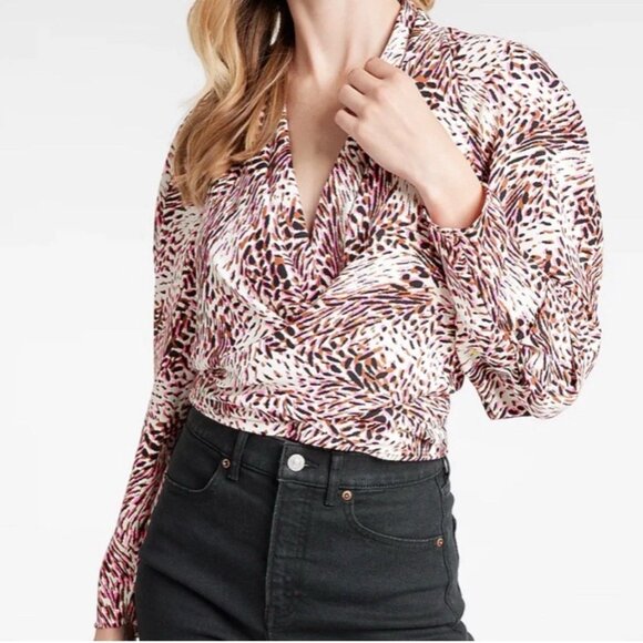 Express Leopard Print Faux Wrap Top Multi Color - Picture 5 of 5